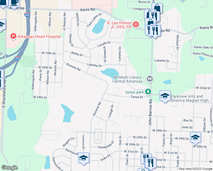 map of restaurants, bars, coffee shops, grocery stores, and more near 2119 Romine Road in Little Rock