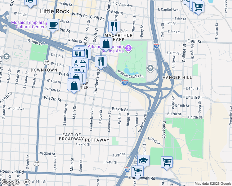 map of restaurants, bars, coffee shops, grocery stores, and more near 1419 Commerce Street in Little Rock