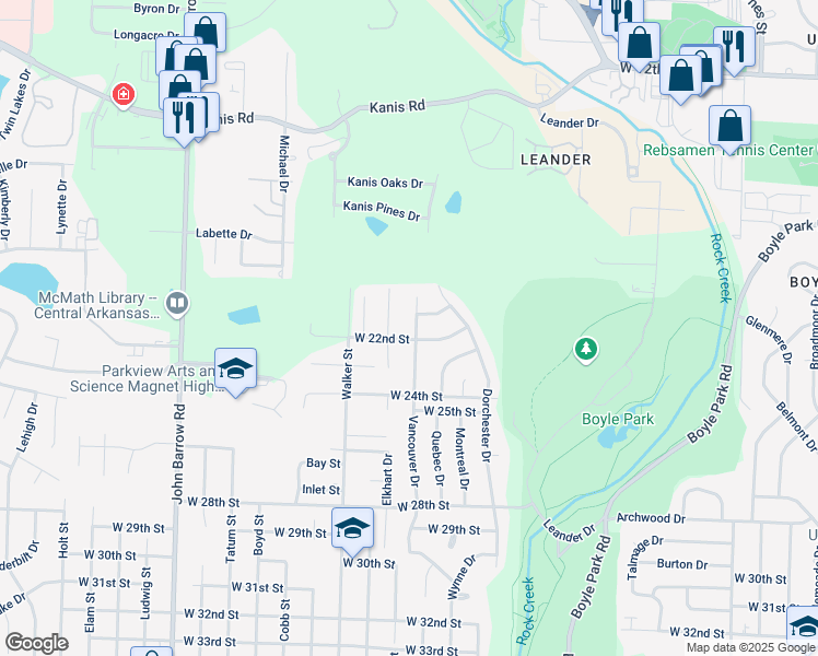 map of restaurants, bars, coffee shops, grocery stores, and more near 2107 Singleton Court in Little Rock