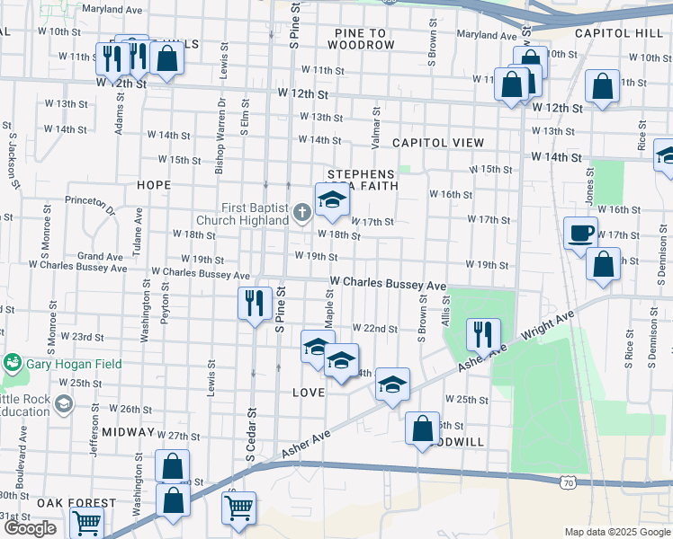 map of restaurants, bars, coffee shops, grocery stores, and more near 1823 South Maple Street in Little Rock