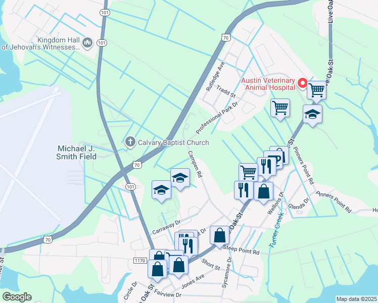 map of restaurants, bars, coffee shops, grocery stores, and more near 512 Campen Road in Beaufort