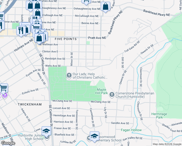 map of restaurants, bars, coffee shops, grocery stores, and more near 1602 Toll Gate Road Southeast in Huntsville