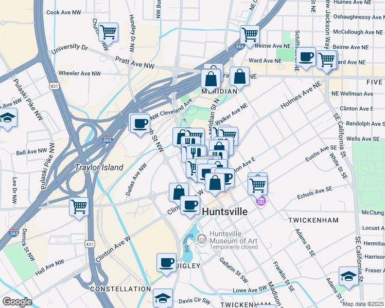 map of restaurants, bars, coffee shops, grocery stores, and more near 301 Washington St NW in Huntsville
