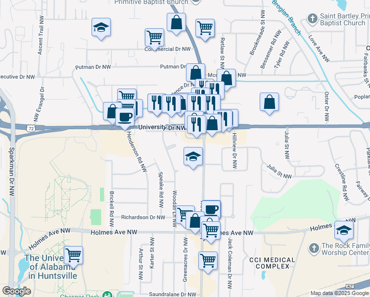 map of restaurants, bars, coffee shops, grocery stores, and more near 1106 Woodall Circle in Huntsville