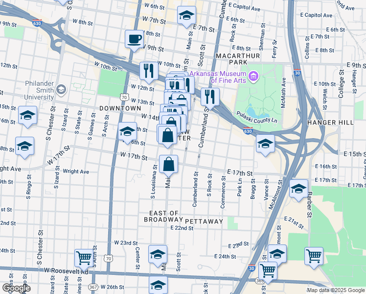 map of restaurants, bars, coffee shops, grocery stores, and more near 1508 Scott Street in Little Rock