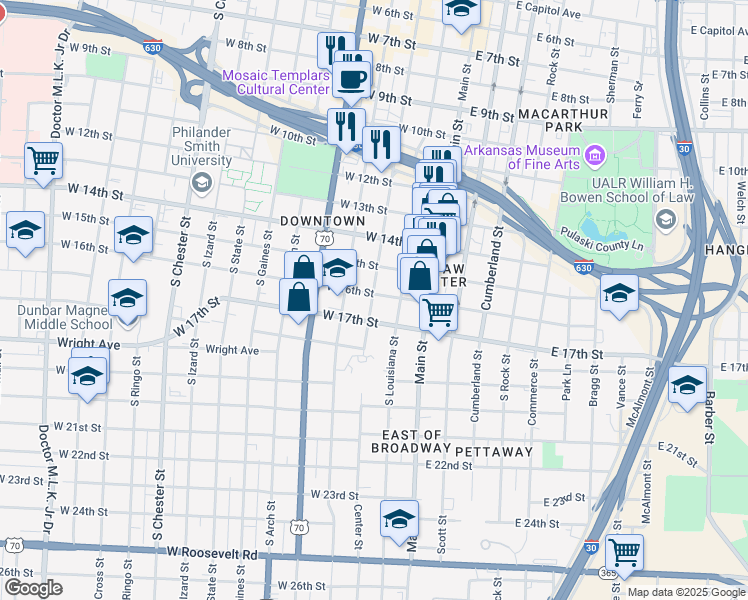 map of restaurants, bars, coffee shops, grocery stores, and more near 224 West 16th Street in Little Rock