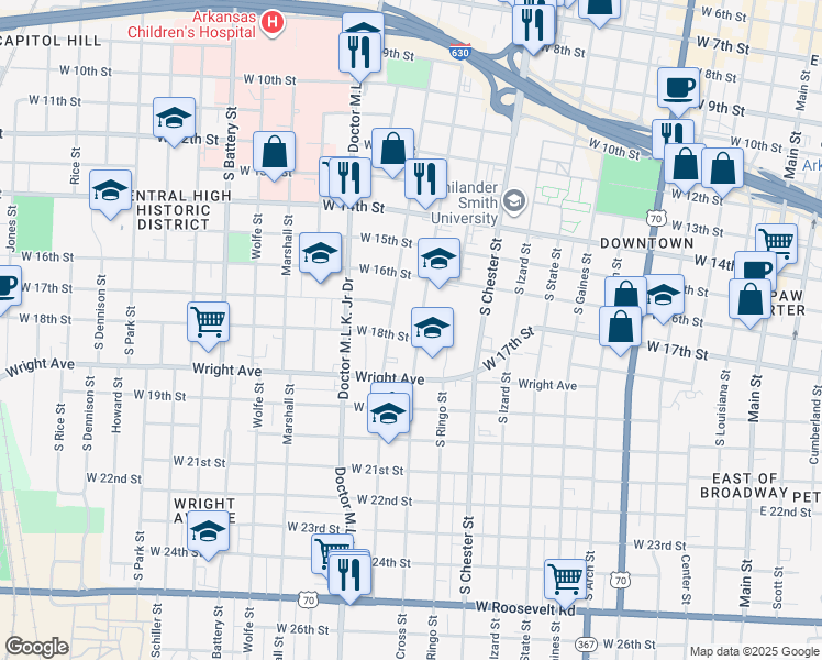map of restaurants, bars, coffee shops, grocery stores, and more near 1707 South Pulaski Street in Little Rock