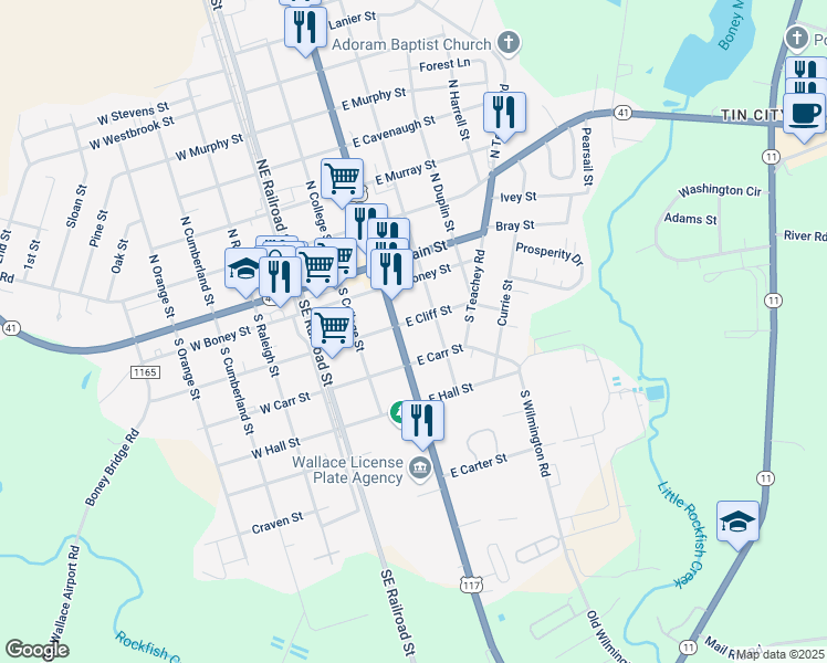 map of restaurants, bars, coffee shops, grocery stores, and more near 320 East Cliff Street in Wallace