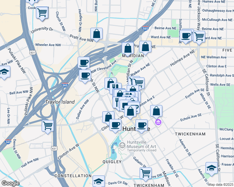 map of restaurants, bars, coffee shops, grocery stores, and more near 300 Jefferson Street North in Huntsville