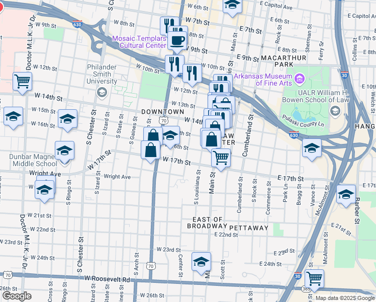 map of restaurants, bars, coffee shops, grocery stores, and more near 1605 Center Street in Little Rock