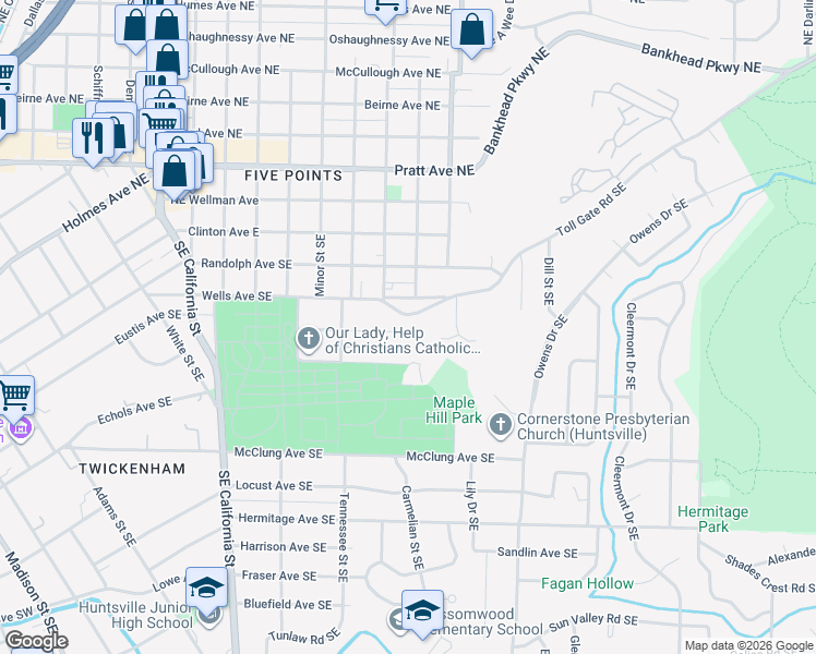 map of restaurants, bars, coffee shops, grocery stores, and more near 1602 Toll Gate Road Southeast in Huntsville