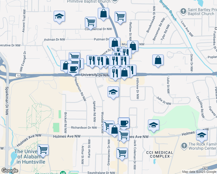 map of restaurants, bars, coffee shops, grocery stores, and more near 1106 Woodall Circle in Huntsville