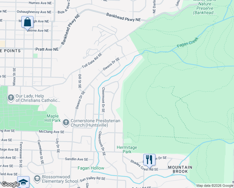 map of restaurants, bars, coffee shops, grocery stores, and more near 617 Fagan Springs Drive Southeast in Huntsville