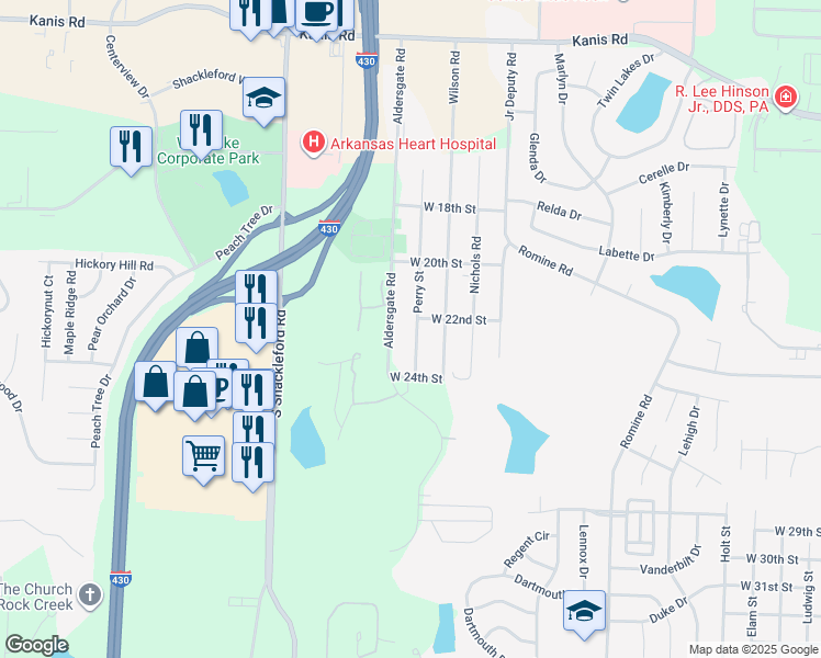 map of restaurants, bars, coffee shops, grocery stores, and more near 2028 Perry Street in Little Rock