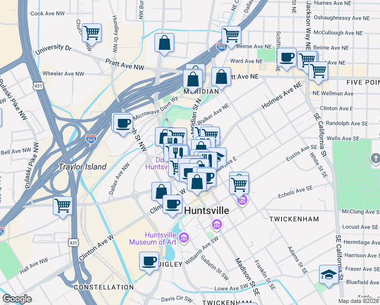map of restaurants, bars, coffee shops, grocery stores, and more near in Huntsville