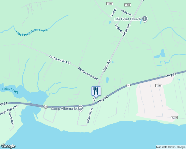 map of restaurants, bars, coffee shops, grocery stores, and more near 136 Old Swansboro Road in Newport