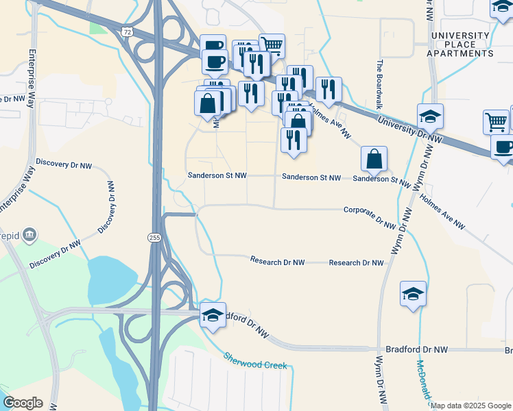 map of restaurants, bars, coffee shops, grocery stores, and more near 4993 Research Drive Northwest in Huntsville