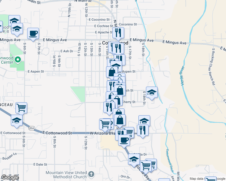 map of restaurants, bars, coffee shops, grocery stores, and more near 297 South Main Street in Cottonwood