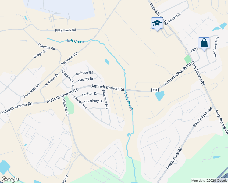 map of restaurants, bars, coffee shops, grocery stores, and more near 1000-1098 Antioch Church Road in Greenville