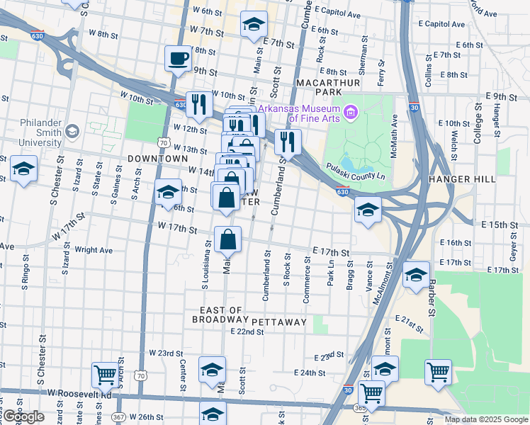 map of restaurants, bars, coffee shops, grocery stores, and more near 1401 Scott Street in Little Rock