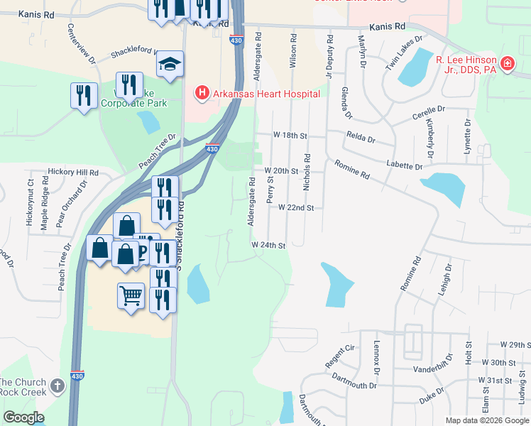 map of restaurants, bars, coffee shops, grocery stores, and more near 2028 Perry Street in Little Rock