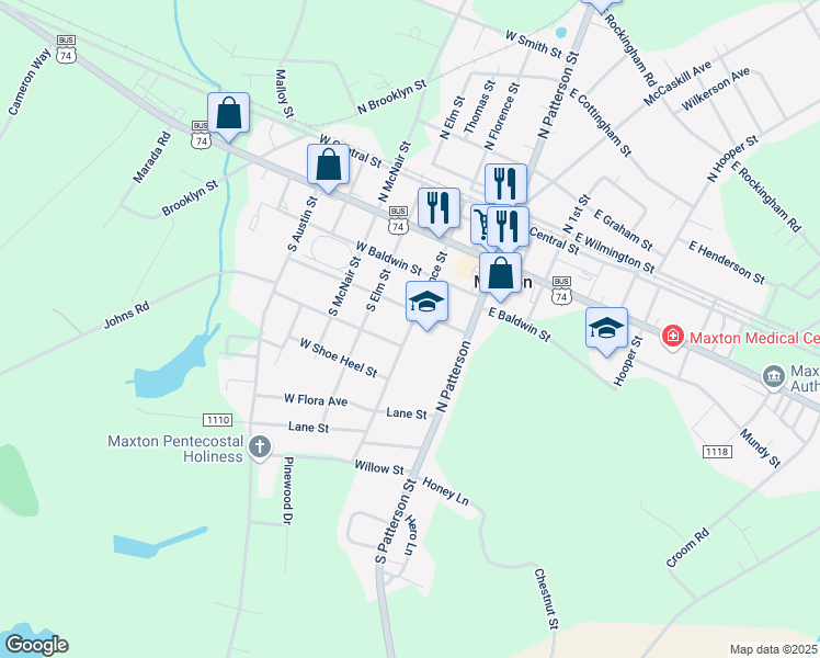 map of restaurants, bars, coffee shops, grocery stores, and more near South Florence Street in Maxton