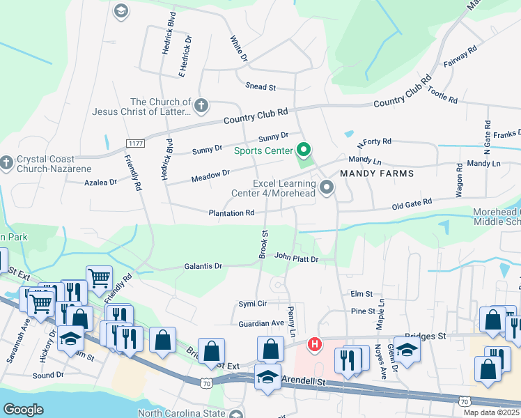 map of restaurants, bars, coffee shops, grocery stores, and more near 601 Brook Street in Morehead City