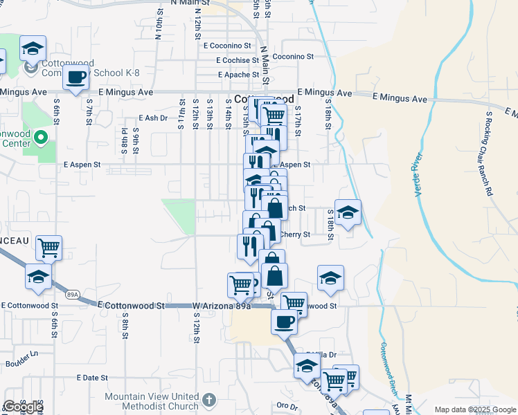 map of restaurants, bars, coffee shops, grocery stores, and more near 320 South Main Street in Cottonwood