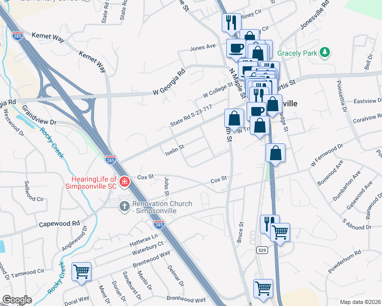 map of restaurants, bars, coffee shops, grocery stores, and more near 111 Iselin Street in Simpsonville