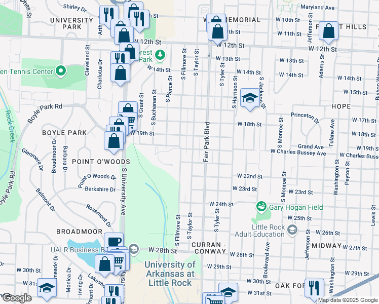 map of restaurants, bars, coffee shops, grocery stores, and more near 1919 South Taylor Street in Little Rock