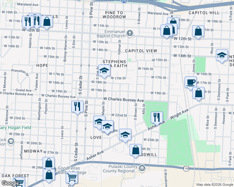 map of restaurants, bars, coffee shops, grocery stores, and more near 1824 Valmar Street in Little Rock