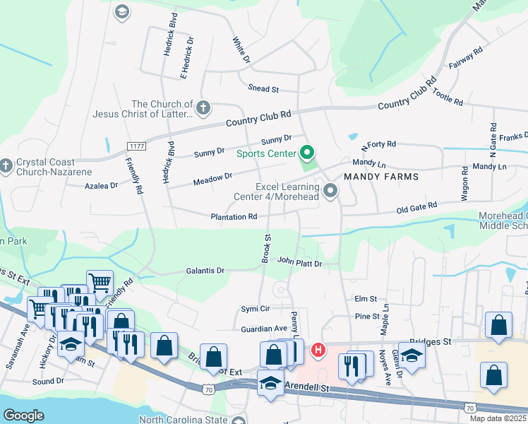 map of restaurants, bars, coffee shops, grocery stores, and more near 601 Brook Street in Morehead City