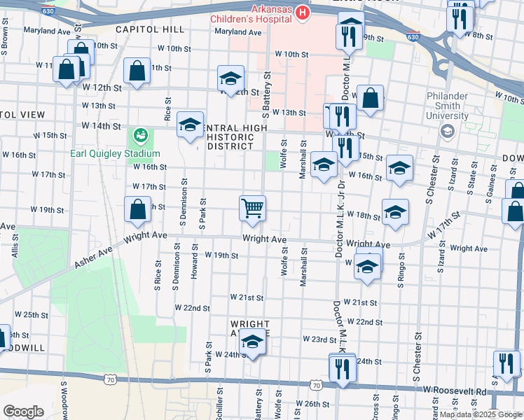 map of restaurants, bars, coffee shops, grocery stores, and more near South Battery Street in Little Rock