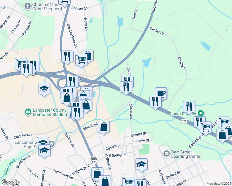 map of restaurants, bars, coffee shops, grocery stores, and more near 278 Lancaster Bypass East in Lancaster