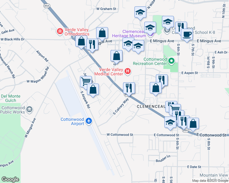 map of restaurants, bars, coffee shops, grocery stores, and more near 3 El Rio Del Oro in Cottonwood