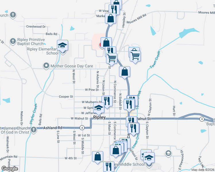 map of restaurants, bars, coffee shops, grocery stores, and more near 501-599 North Union Street in Ripley