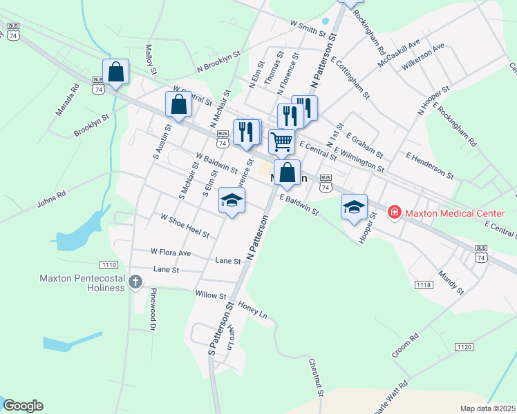 map of restaurants, bars, coffee shops, grocery stores, and more near 105 West Carolina Street in Maxton