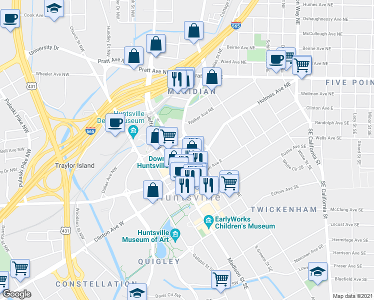 map of restaurants, bars, coffee shops, grocery stores, and more near in Huntsville