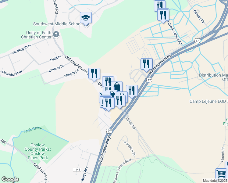 map of restaurants, bars, coffee shops, grocery stores, and more near 1134 Old Maplehurst Road in Jacksonville