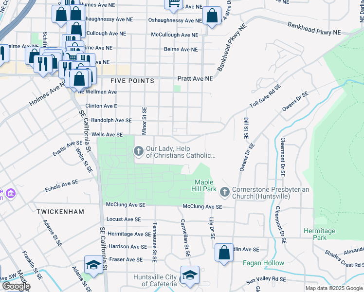 map of restaurants, bars, coffee shops, grocery stores, and more near 1602 Toll Gate Road Southeast in Huntsville