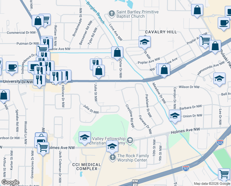map of restaurants, bars, coffee shops, grocery stores, and more near 3205 Hillandale Road Northwest in Huntsville