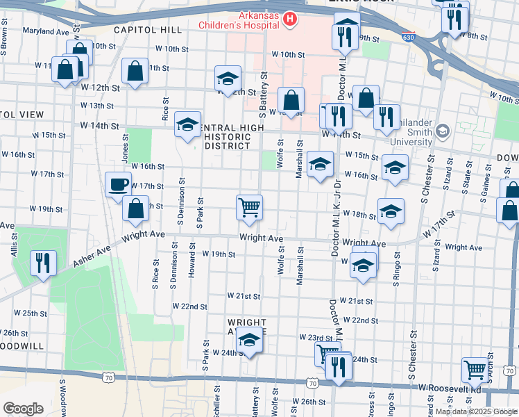 map of restaurants, bars, coffee shops, grocery stores, and more near 1717 South Summit Street in Little Rock