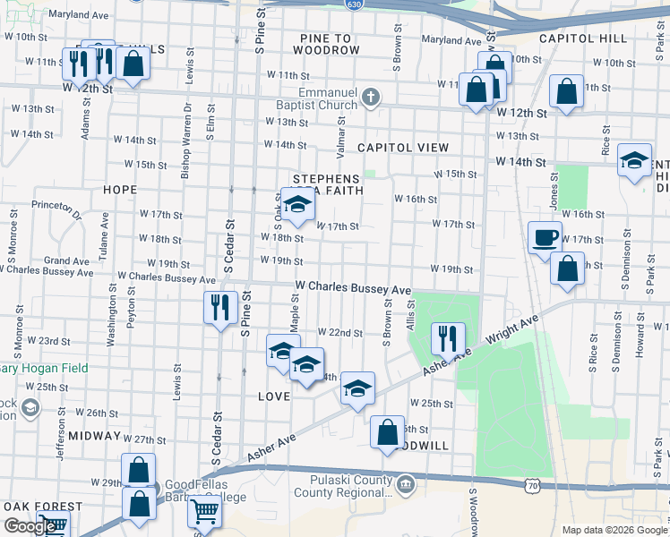 map of restaurants, bars, coffee shops, grocery stores, and more near 1824 Valmar Street in Little Rock