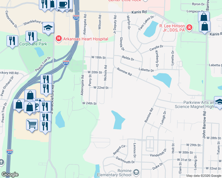 map of restaurants, bars, coffee shops, grocery stores, and more near 2026 Junior Deputy Road in Little Rock