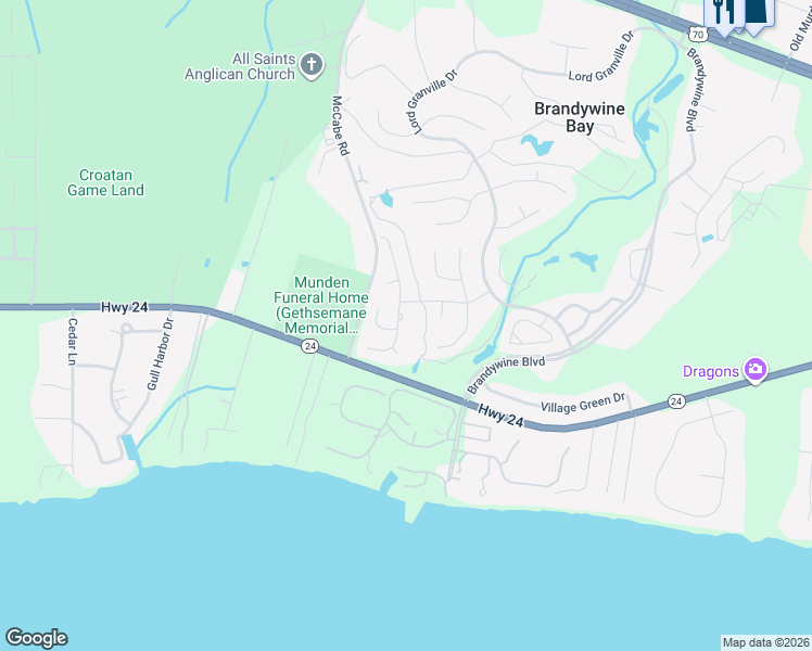 map of restaurants, bars, coffee shops, grocery stores, and more near 103 Oak Drive in Morehead City