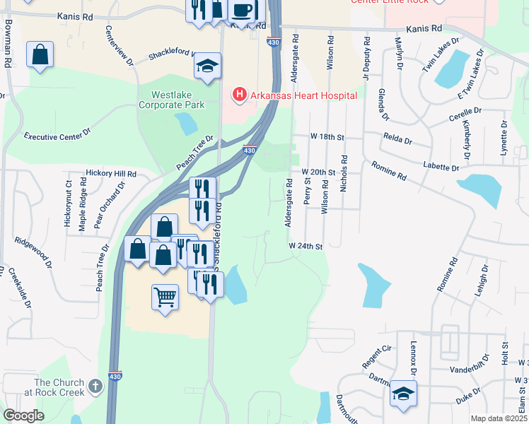 map of restaurants, bars, coffee shops, grocery stores, and more near 2000 Aldersgate Road in Little Rock