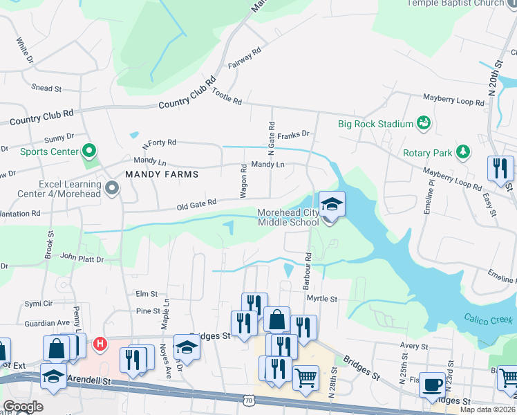 map of restaurants, bars, coffee shops, grocery stores, and more near 3189-3199 Old Gate Road in Morehead City