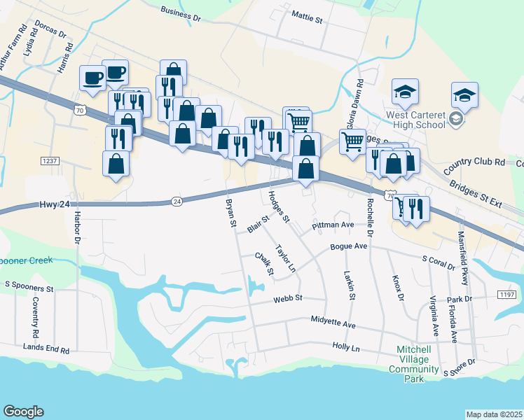 map of restaurants, bars, coffee shops, grocery stores, and more near 141 North Carolina 24 in Morehead City