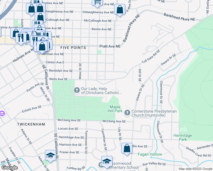 map of restaurants, bars, coffee shops, grocery stores, and more near 1602 Toll Gate Road Southeast in Huntsville