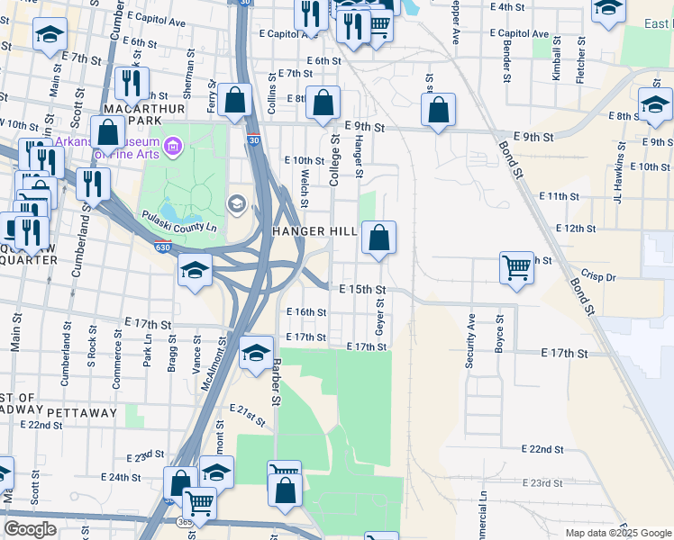 map of restaurants, bars, coffee shops, grocery stores, and more near 1407 College Street in Little Rock